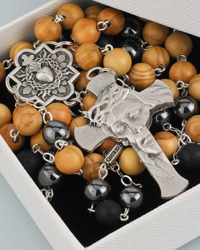 Preview: Rosenkranz Olivenholz- und Hämatitperlen 8 mm Ø