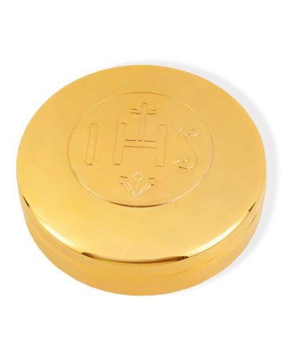 Hostiendose 7 cm Ø Gravur IHS, 3,5 cm hoch, vergoldet