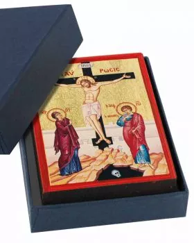 Ikone Kreuzigung Siebdruck Holztafel 7 x 10 cm im Etui