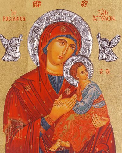 Preview: Ikone 19 x 26 cm Hl. Maria mit Jesukind rot versilbert