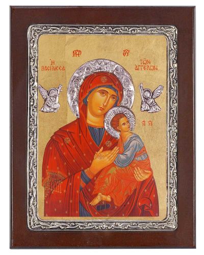 Ikone 19 x 26 cm Hl. Maria mit Jesukind rot versilbert