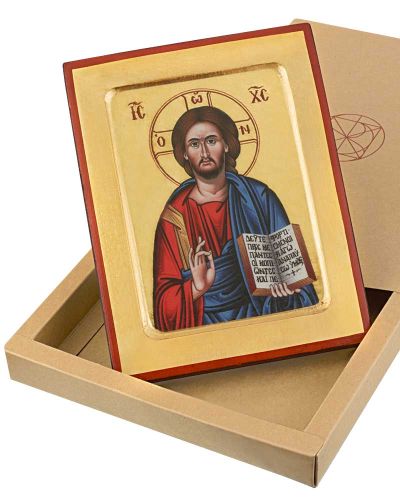 Preview: Pantokrator mit offenem Buch 10,5x13 cm auf Holzträger