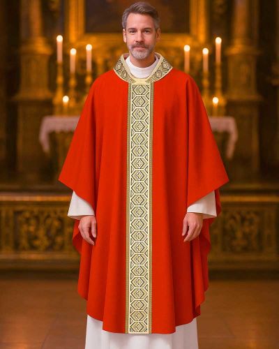 Preview: Kasel rot mit Kragen, 125 cm lang, 154 cm breit