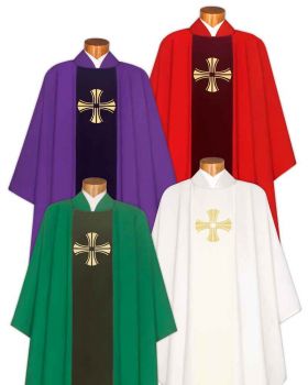 4 Kaseln mit Stola, Samtstab in 4 liturgischen Farben