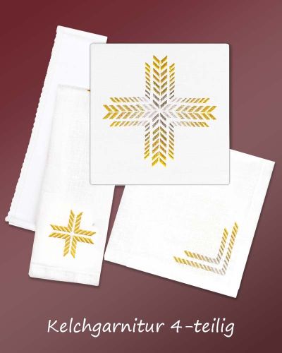 Preview: Kelchgarnitur Baumwolle/Leinen 4-Teilig mit Goldstickerei IHS