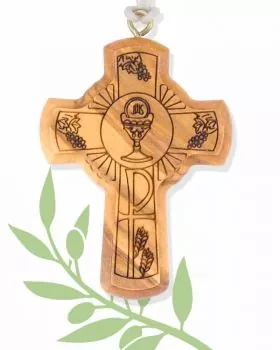 Kommunioskreuz 5 x 3,7 cm Olivenholz mit Kordel