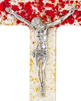 Wandkreuz mit Christus 24 x 14 cm Glasfusing rot gold