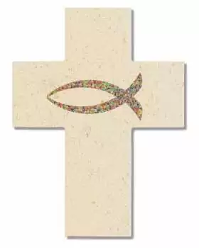 Natursteinkreuz "Fisch", farbig bedruckt, 12 x 9 cm