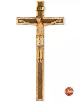 Wandkreuz 68 cm romanisch geschnitzt, antik gefasst