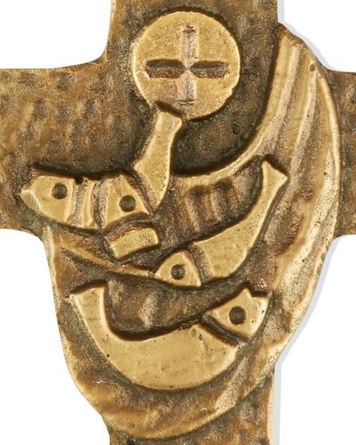 Preview: Kommunionkreuz 9,5 x 8 cm Fischfang bronziert