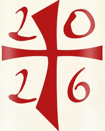 Osterkerze 120 x 60 mm A+O mit Jahreszahl 2026, rot