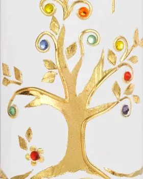 Taufkerze Lebensbaum gold 265 x 60 mm Glassteine bunt