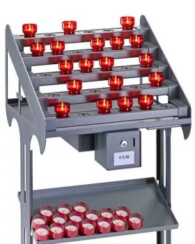 LED Opferlichttisch Stahl, grau mit 30 rubinroten LED Kerzen
