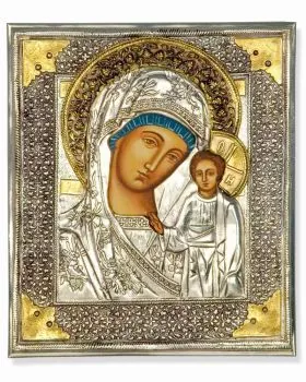 Ikone 31 x 27 cm Silber Oklat Maria mit Kind (Kazan)