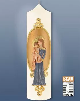 Madonnen Kerze 300x80 verziert mit Maria mit Kind