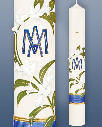 Marienkerze 600 x 80 mm Ave Maria mit Liliendekor