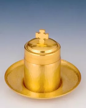 Ölgefäß Chrisam 6 cm vergoldet mit Tablett