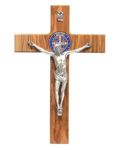 Wandkreuz Olivenholz 10,5 x 20 cm Benediktusmedaille