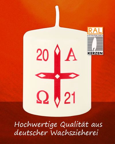 Preview: 50 Osterkerzen 60 x 50 mm RAL mit rotem Aufdruck 2021