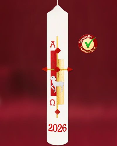 Preview: Osterkerze "Gloria" rot & gold mit Lamm 400 x 60 mm