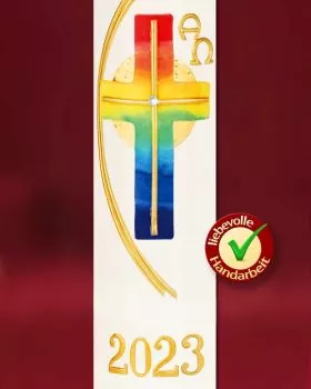 Osterkerze 400 x 60 mm, Regenbogenkreuz A + O