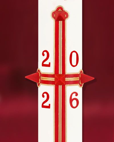 Preview: Osterkerze 400 x 60 mm A+O Kreuz klassik rot & gold
