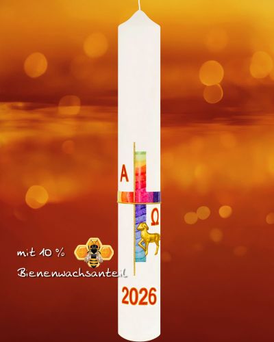 Osterkerze 600 x 80 mm mit Osterlamm, Kreuzdekor