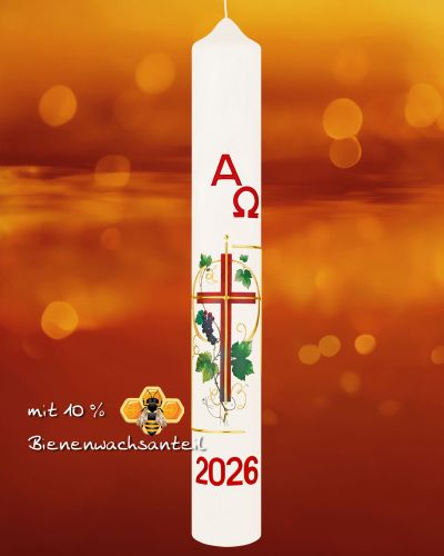 Osterkerze 600 x 80 mm "Kreuz mit Weinrebe"