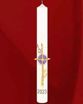 Osterkerze 800 x 80 mm violett Kreuz mit Ähren