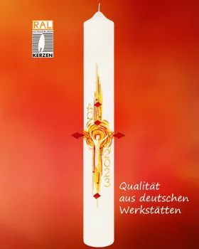 Osterkerze 600 x 80 mm Flammenkreuz gelb/orange