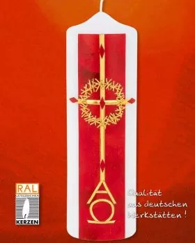 Osterkerze 225 x 70 mm RAL A+O rot, Dornenkrone gold