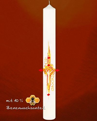 Osterkerze 600 x 80 mm Flammenkreuz gelb/orange