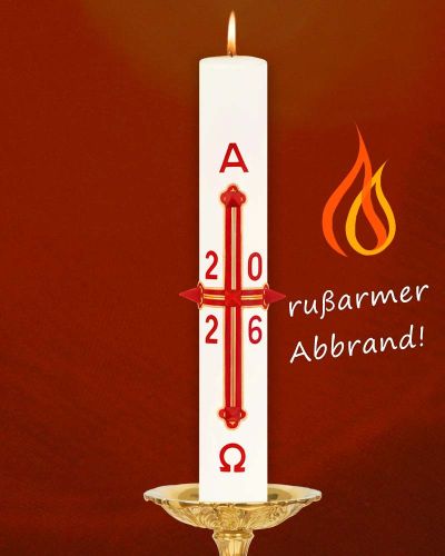 Osterkerze 400 x 60 mm A+O Kreuz klassik rot & gold