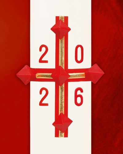 Preview: Osterkerze 600 x 80 mm RAL Kreuz klassisch rot & gold