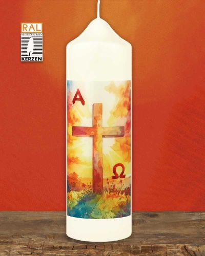 Preview: Osterkerze 165 x 50 mm, Kreuz mit Ostersonne