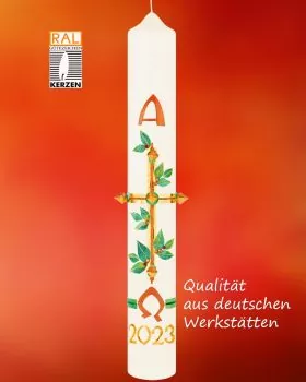 Osterkerze 600 x 80 mm "Baumkreuz" mit Jahreszahl