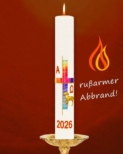 Preview: Osterkerze 600 x 80 mm mit Osterlamm, Kreuzdekor