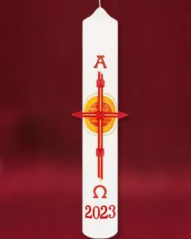Osterkerze 400 x 60 mm, Ostersonne Kreuz mit Nägeln