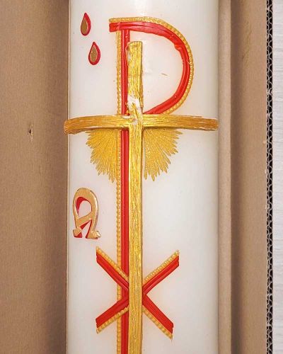 Osterkerze 800 x 80 mm Kreuz Erwachet mit Hahn