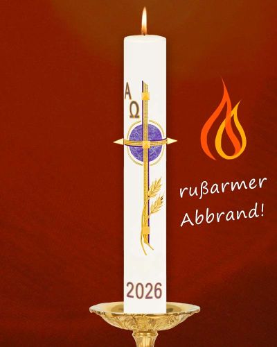 Preview: Osterkerze 800 x 80 mm violett Kreuz mit Ähren