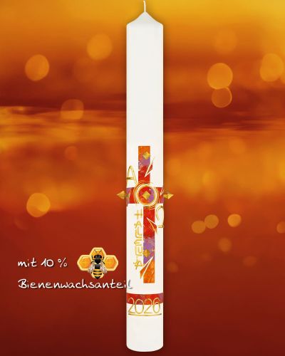 Osterkerze 600 x 70 mm Kreuz rot, orange, lila marmoriert