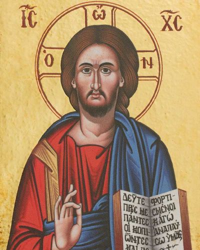 Preview: Pantokrator mit offenem Buch 10,5x13 cm auf Holzträger