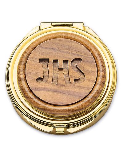 Versehpatene vergoldet Gravur "IHS" Olivenholz 6 cm ⌀