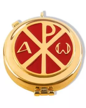 Pyxis, vergoldet, 5 cm Ø mit PX Symbol A+O rot