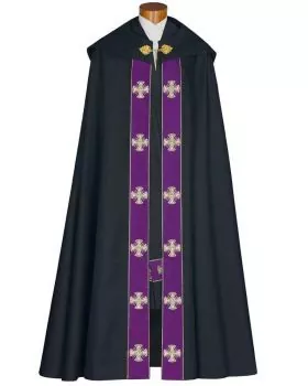 Rauchmantel schwarz, violette Bordüre mit Kreuzen