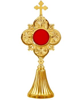 Reliquiar Vierpass Kreuz Messing vergoldet, 22 cm