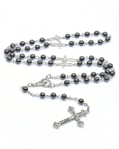 Rosenkranz Perlen Hämatit, 6 mm Ø, versilbert gekettelt