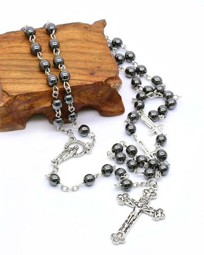 Rosenkranz Perlen Hämatit, 6 mm Ø, versilbert gekettelt