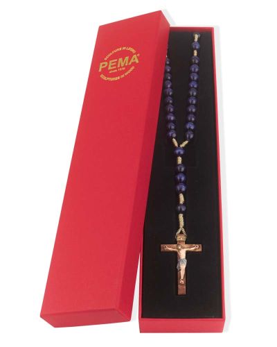 Rosenkranz Holzperlen blau 8 mm Ø, Kreuz geschnitzt