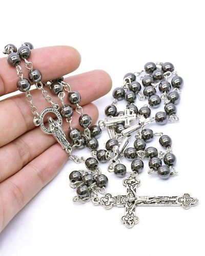 Rosenkranz Perlen Hämatit, 6 mm Ø, versilbert gekettelt